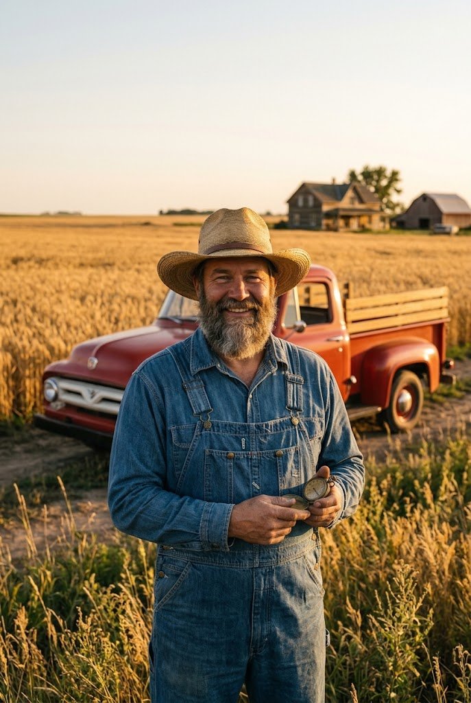 Central Time as a smiling farmer in denim overalls and a straw hat by a vintage red pickup in a wheat field.