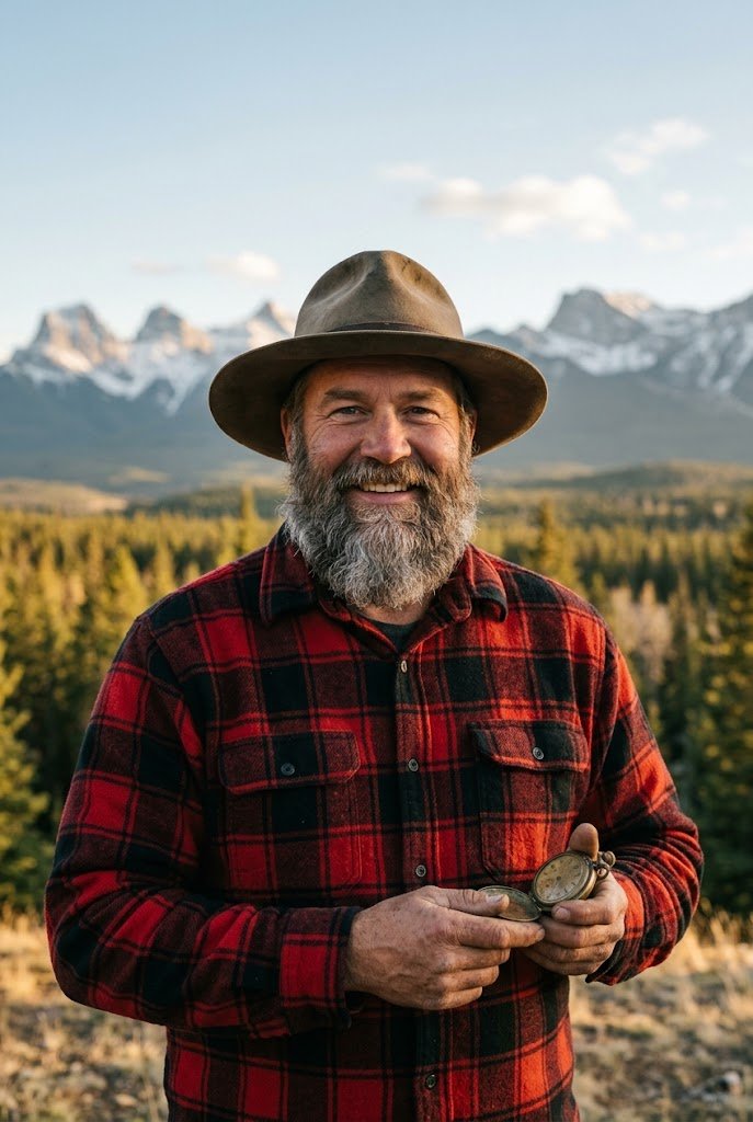 Mountain Time as a bearded lumberjack in a red plaid shirt and hat, holding a pocket watch in front of the Rockies.